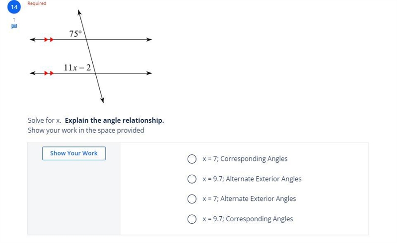 Solve for x. Explain the angle relationship. Show your work in the space provided-example-1