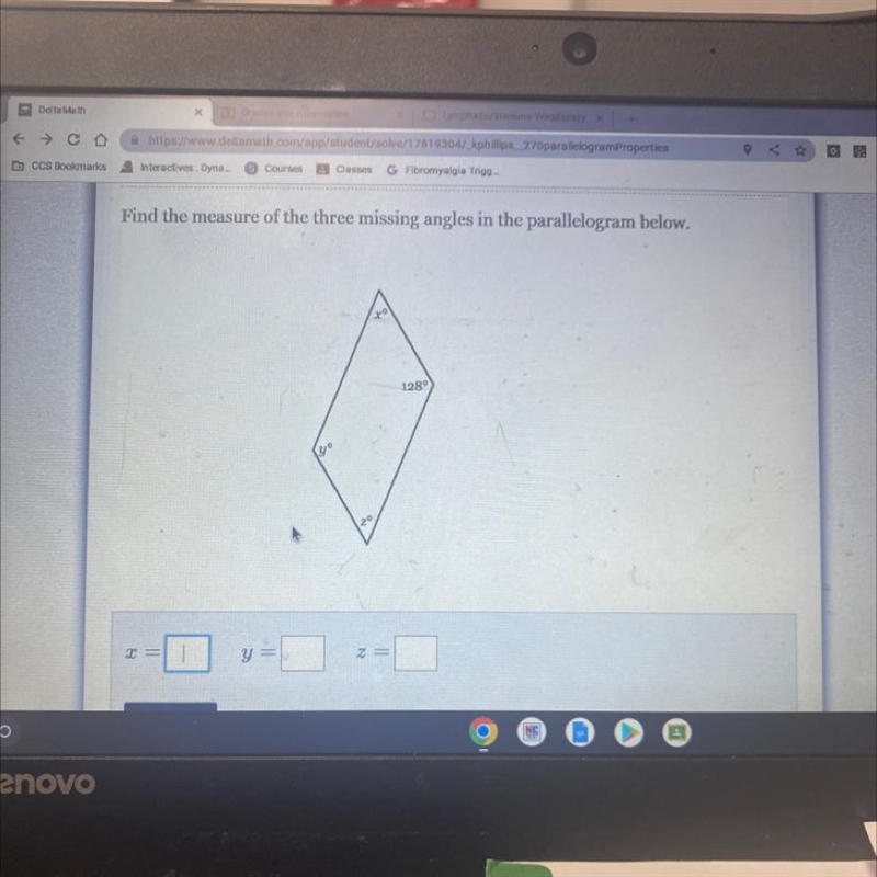 Find the measure of the three missing angles in the parallelogram below 128⁰-example-1