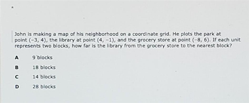 How far is the library from the grocery store to the nearest block-example-1