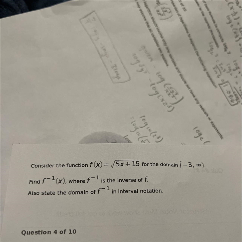 Consider the function f(x) = √5x + 15 for the domain [-3, ∞).Find f-¹(x), where f-example-1