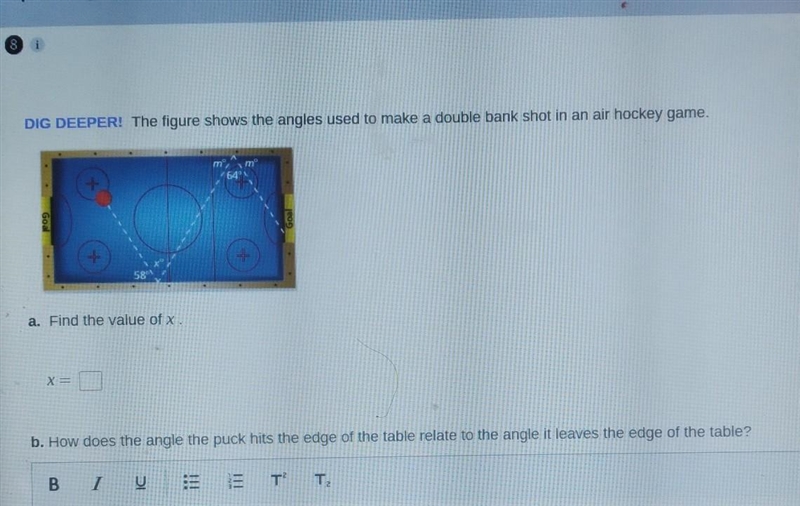 The figure shows the angles used to make a double bank shot in an air hockey game-example-1