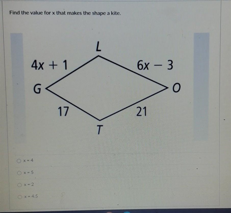 Find the value of X, the choices are, x= 4, x=5, x=2, x=4.5-example-1