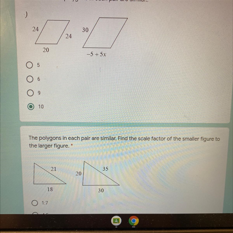 Solve for x. The polygons in each pair are similar..*:)24302420-5+5x56910The polygons-example-1