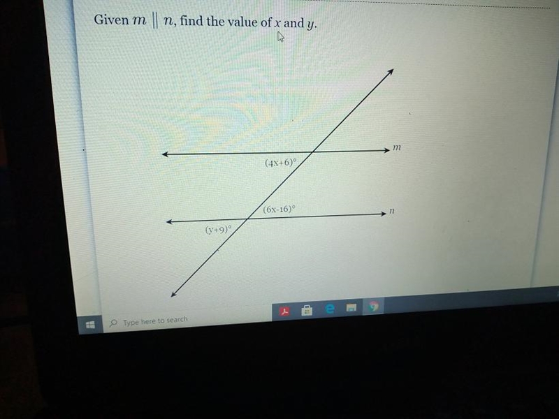 Given m//n find the value of x and y (4x+6)° (6x-16)° (y+9)°-example-1