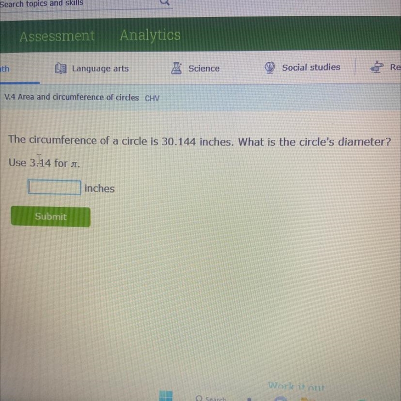 The circumference of a circle is 30.144 inches. What is the circle's diameter? Use-example-1