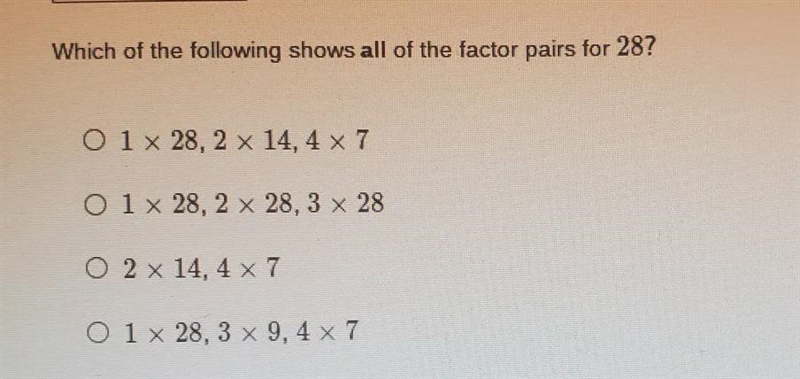 Which of the following shows all of the factor pairs of 28?-example-1