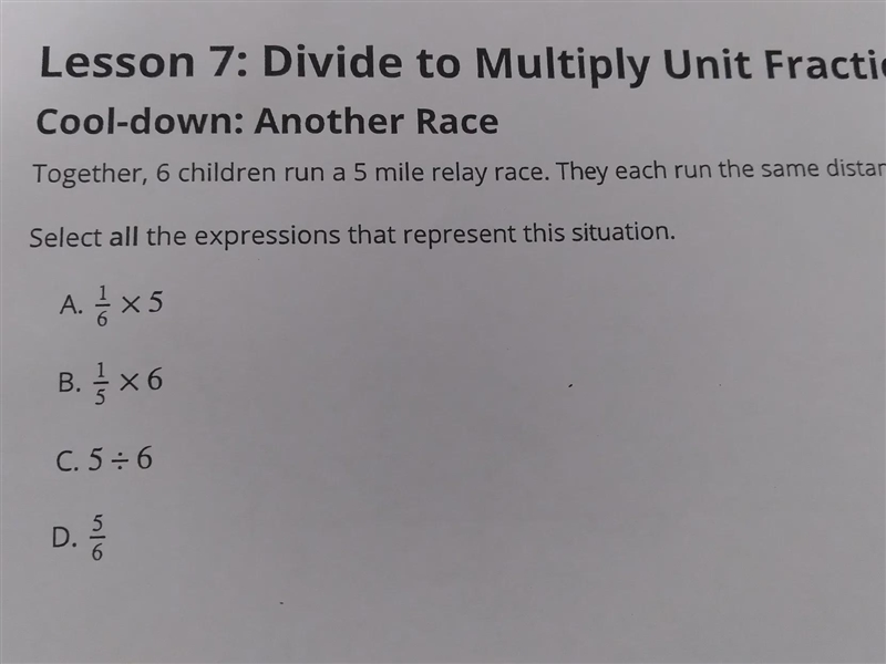 Together, 6 children run a 5 miles relay race. They each run the same distance.-example-1