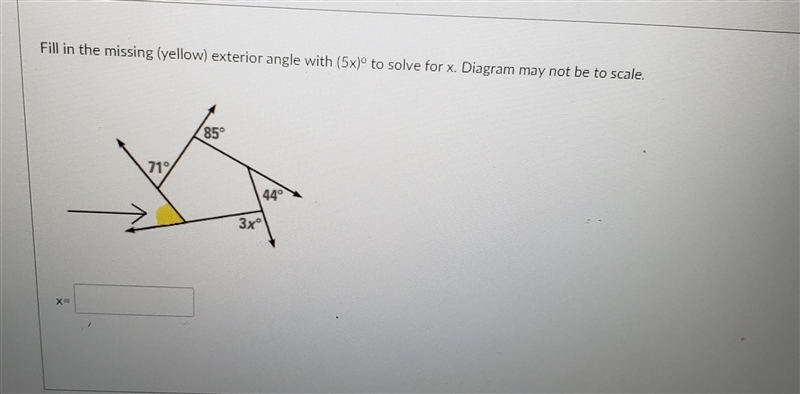 Fill in the missing (yellow) exterior angle with (5x) to solve for x. Diagram may-example-1