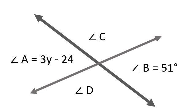 A. Solve for y. y = ______ B. Find the measure of angles A, C and D showing all work-example-1