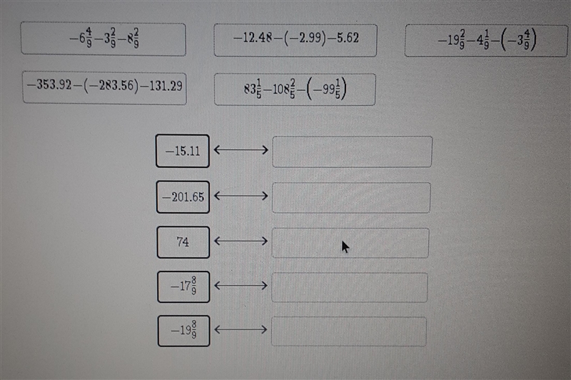 Match the subtraction expressions to their correct answers. -12.48-(-2.99)-5.62 -353.92-(-283.56)-131.29 837–108– (-99) -15.11 -201.65 74 -199-example-1