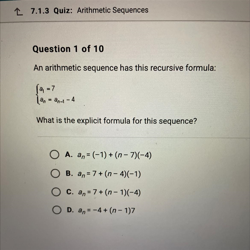 An arithmetic sequence had recursive formulawhat is the explicit for this sequence-example-1