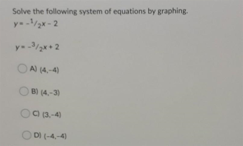 Solve the following system of equations by graphing. y = –1∕2x – 2 y = –3∕2x + 2-example-1