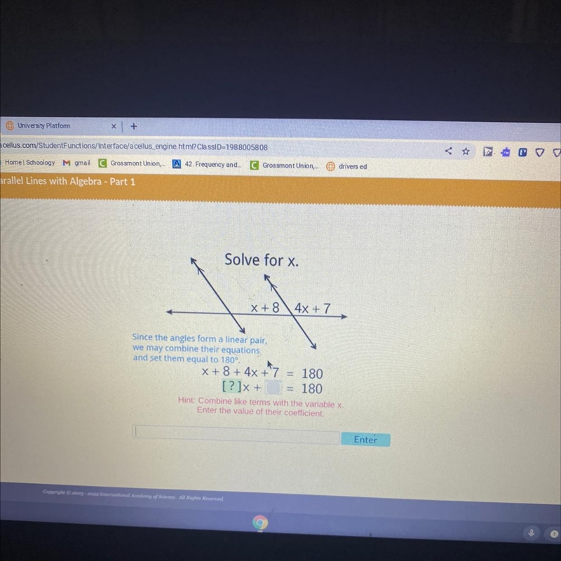 Solve for x. x+8 4x+7 Since the angles form a linear pair, we may combine their equations-example-1