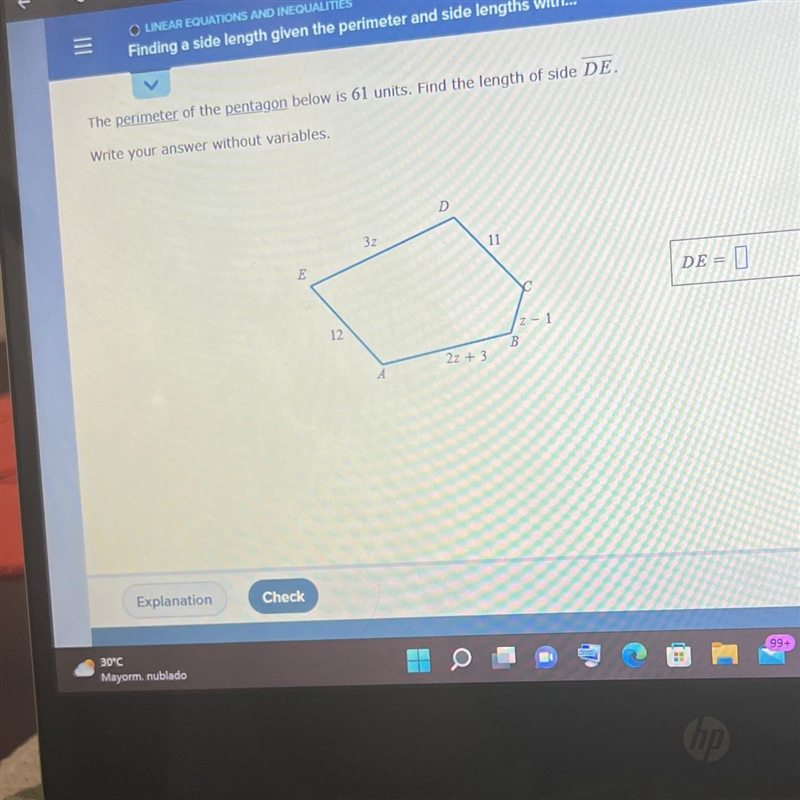 Finding a side length given the perimeter and side lengths with... The perimeter of-example-1