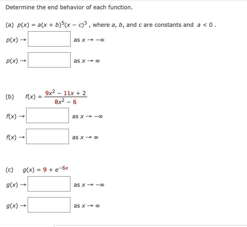 Determine the end behavior of each function. (a) p(x) = a(x + b)5(x − c)3 , where-example-1