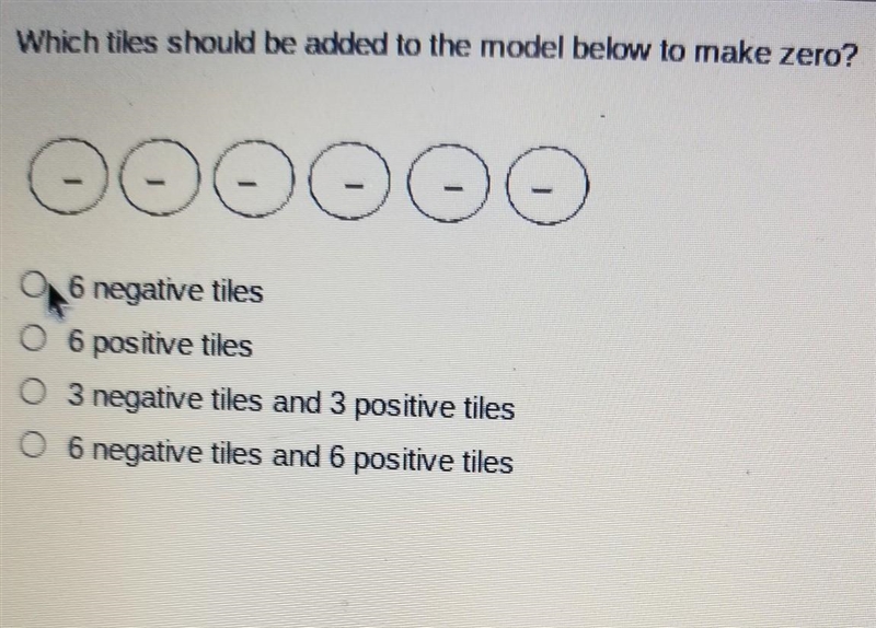 Which tiles should be added to the model below to make zero?O6 negative tilesO6 positive-example-1