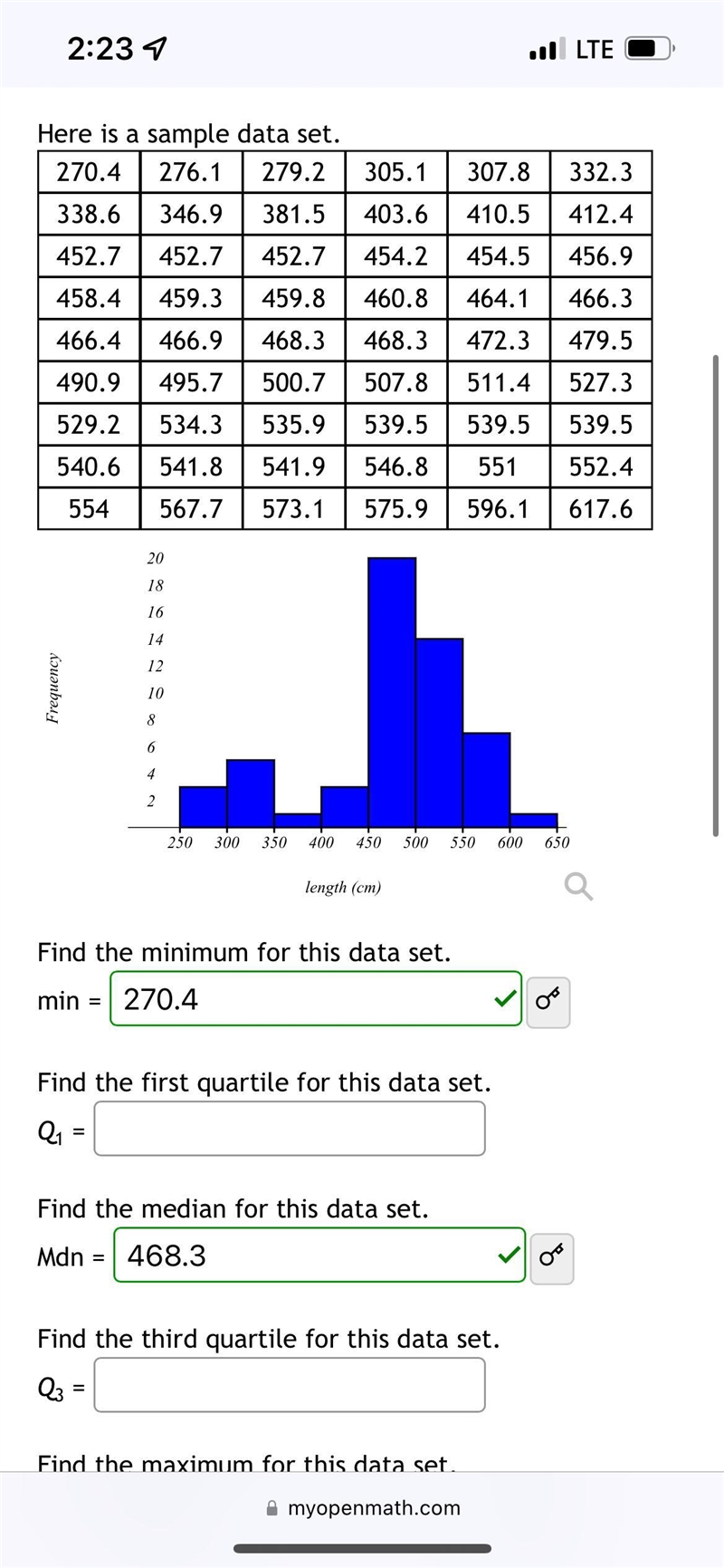 Here is a sample data set.270.4 276.1 279.2 305.1 307.8 332.3338.6 346.9 381.5 403.6410.5412.4452.7 452.7 452.7 454.2454.5456.9458.4 459.3 459.8460.8464.1466.3466.4 466.9 468.3468.3 472.3479.5507.8511.4 527.3490.9 495.7 500.7529.2 534.3 535.9539.5 539.5539.5540.6 541.8 541.9 546.8551552.4554567.7 573.1 575.9 596.1617.6I-example-1