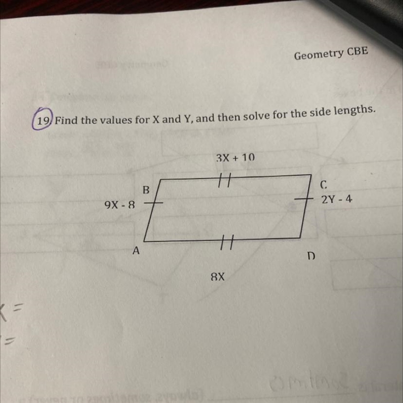 X = (19) Find the values for X and Y, and then solve for the side lengths.-example-1