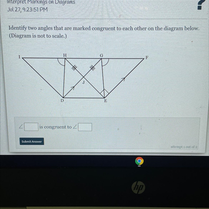 Identify two angles that are marked congruent to each other on the diagram below.(Diagram-example-1