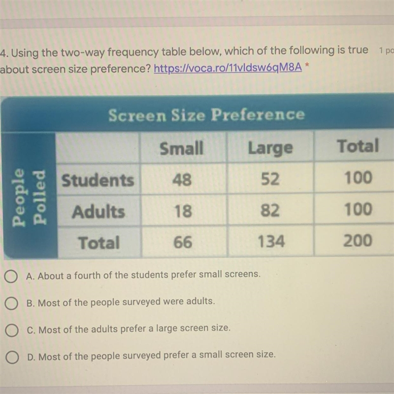 Using the two-way frequency table below, which of the following is true about screen-example-1