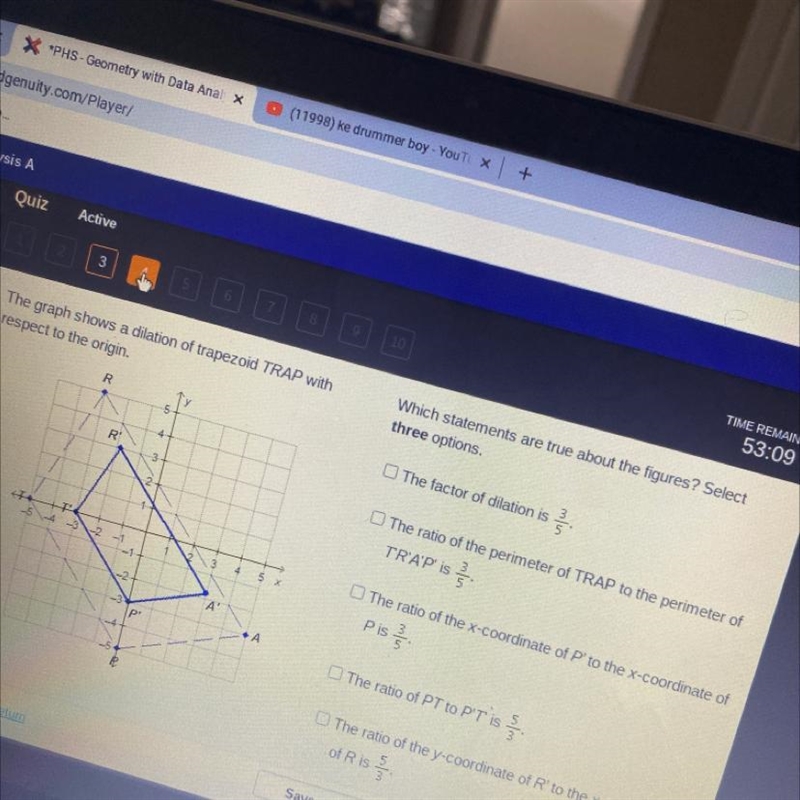 The graph shows a dilation of trapezoid TRAP with respect to the origin which statements-example-1