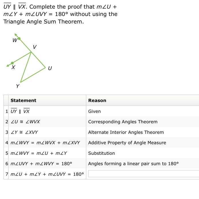 UY∥VX. Complete the proof that m∠U+m∠Y+m∠UVY=180° without using the Triangle Angle-example-1