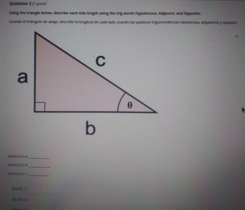 using the triangle below describe each side lenght using the trig words words hypotnuse-example-1