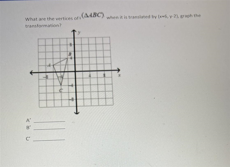 What are the vertices of: (A4BC) when it is translated by (x+6, y-2), graph thetransformation-example-1