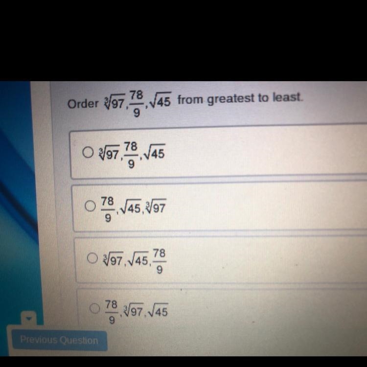 Order the square root of 97 to the third power, 78/9, and the square root of 45 from-example-1