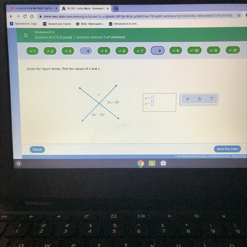 Given the figure below, find the values of x and z.x(5x + 8)(8x - 23)-example-1