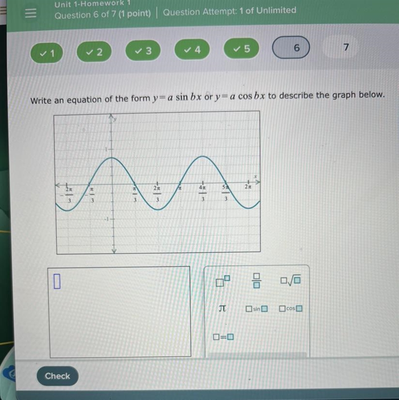 Write an equation of the form y=a sin bx or y= a cos bx to describe the graph below-example-1