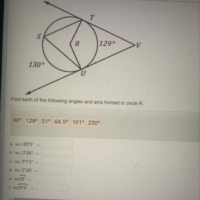 Find each of the following angles and arcs formed in circle R-example-1