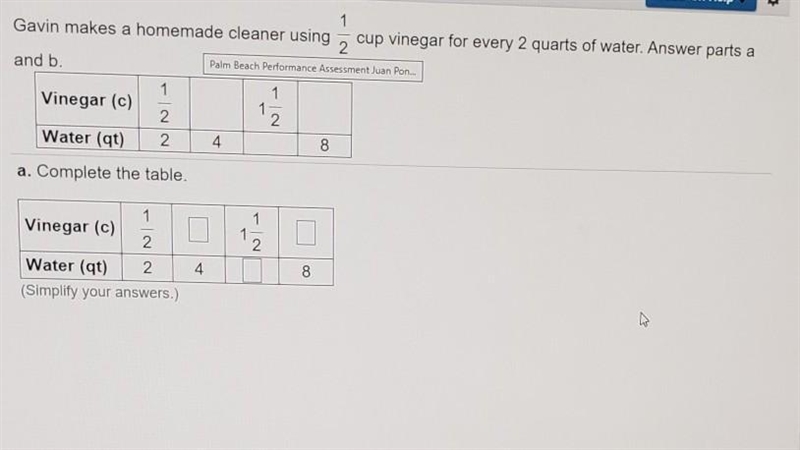 6.4 AP-5 Question Help 1 Gavin makes a homemade cleaner using cup vinegar for every-example-1