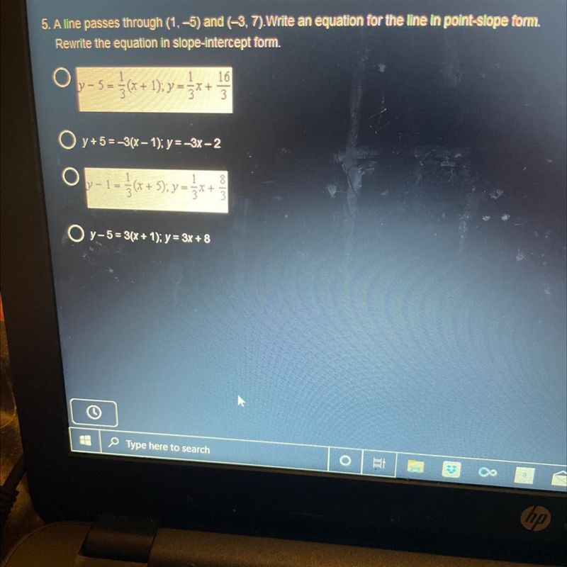 A line passes through(1,-5) and (-3,7) write an equation for the line in point-slope-example-1