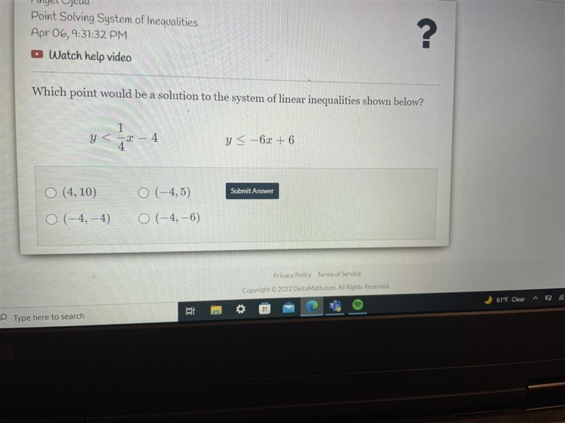 Which point would be a solution to the system of linear inequalities shown below?-example-1