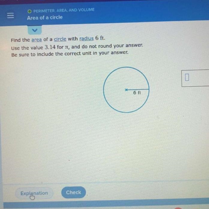 Find the area of a circle with radius 6 ft.-example-1