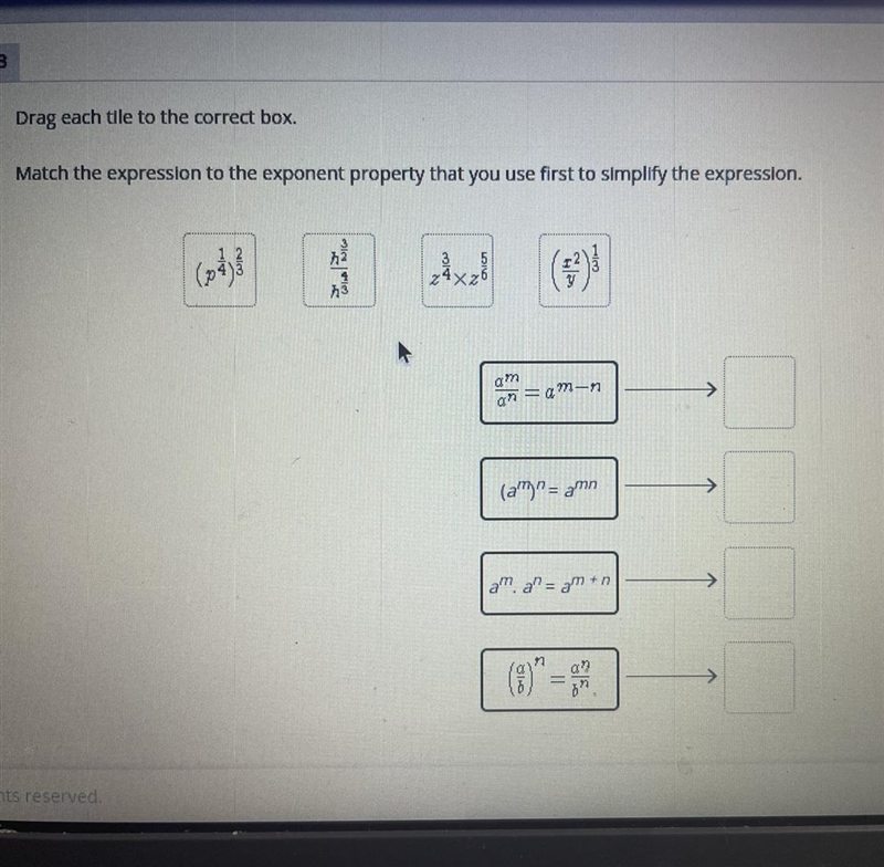 Drag each tile to the correct box. Match the expression to the exponent property that-example-1