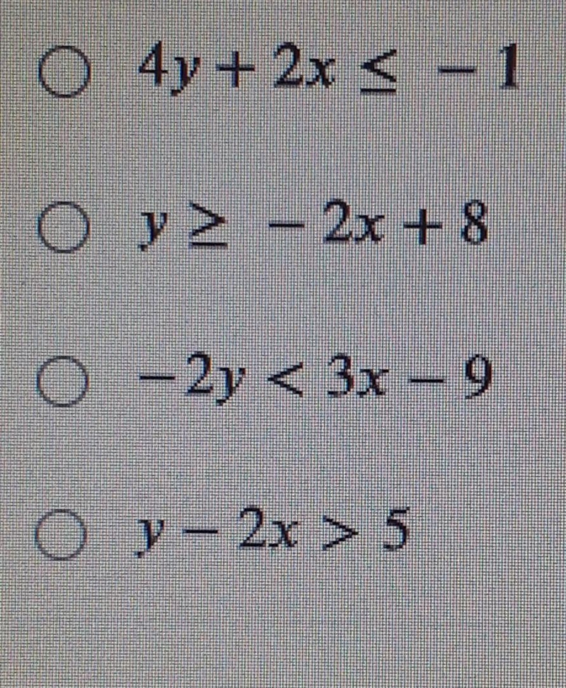 The ordered pair (5,-3) is a solution to which of the following inequalities?-example-1