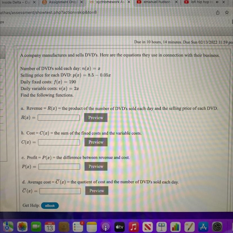 A company manufactures and sells DVD's. Here are the equations they use in connection-example-1