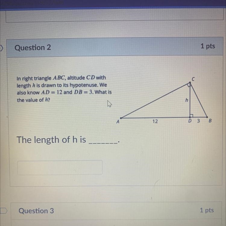 In right triangle ABC, altitude CD withlength h is drawn to its hypotenuse. Wealso-example-1