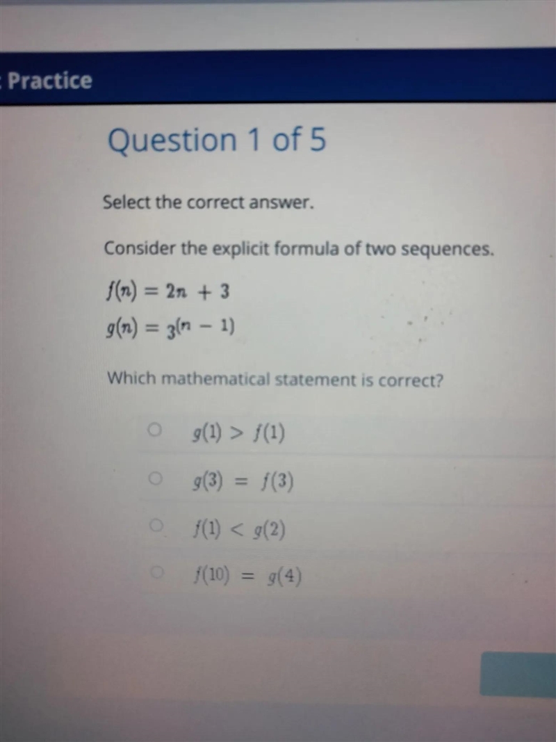 Select the correct answer. Consider the explicit formula of two sequences. (n) = 2n-example-1