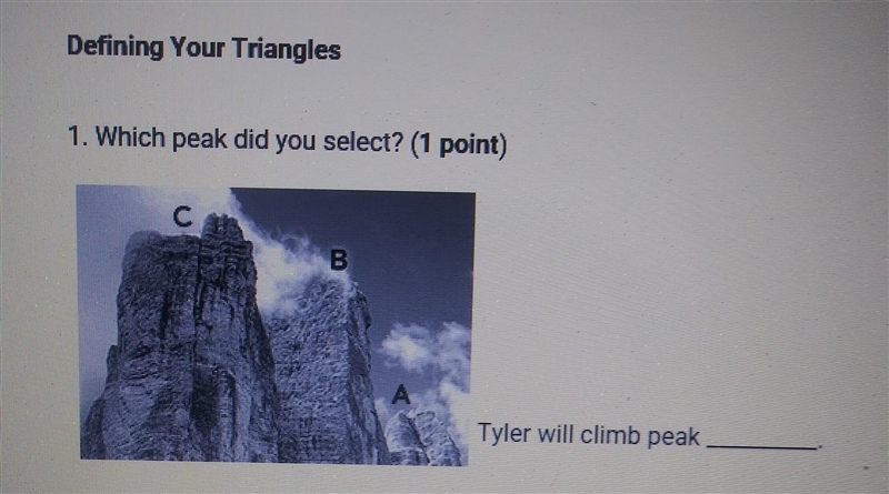 Defining Your Triangles 1. Which peak did you select? (1 point) Tyler will climb peak-example-1