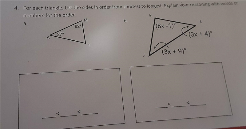 for each triangle list the sides in order from shortest to longest explain your reasoning-example-1