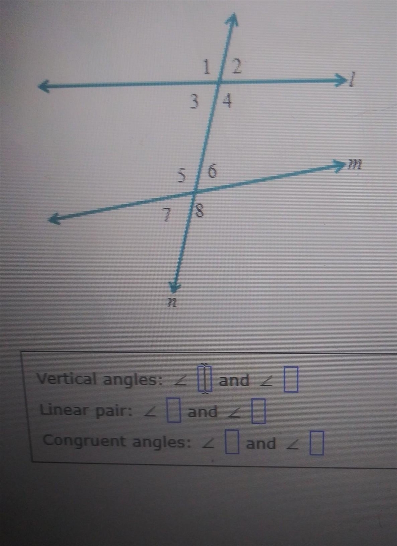 For the figure below, give the following. (a) one pair of vertical angles (b) one-example-1