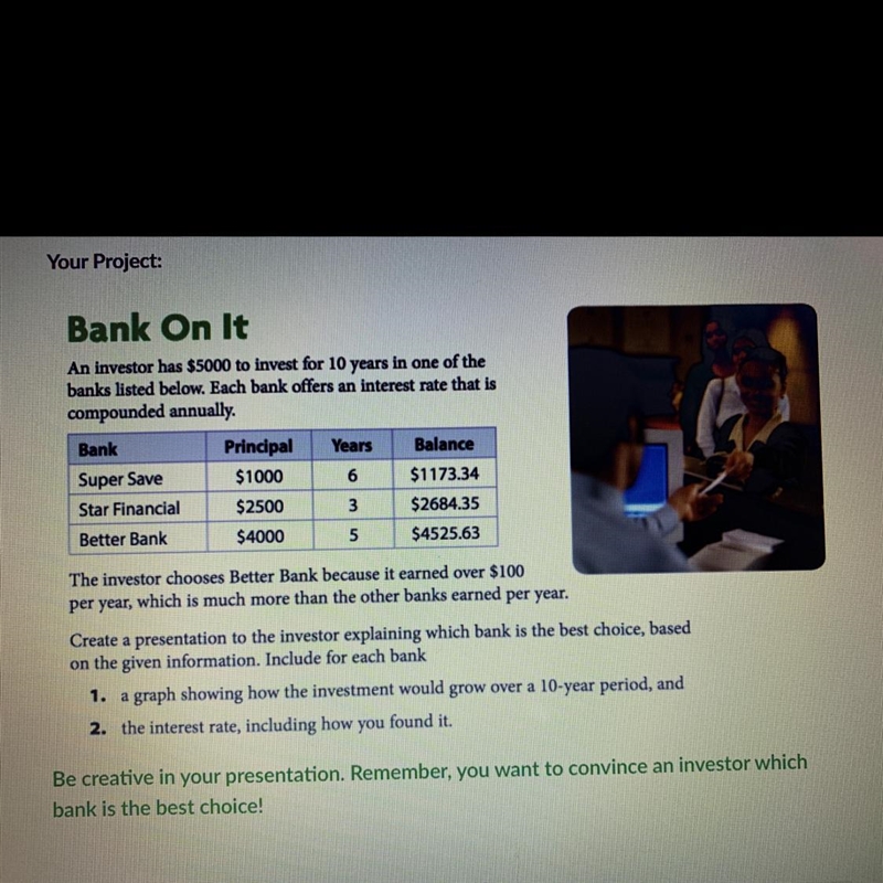 Bank On ItAn investor has $5000 to invest for 10 years in one of thebanks listed below-example-1