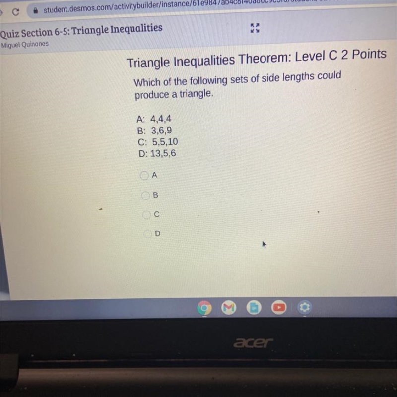 Which of the following sets of side lengths could produce a triangle-example-1