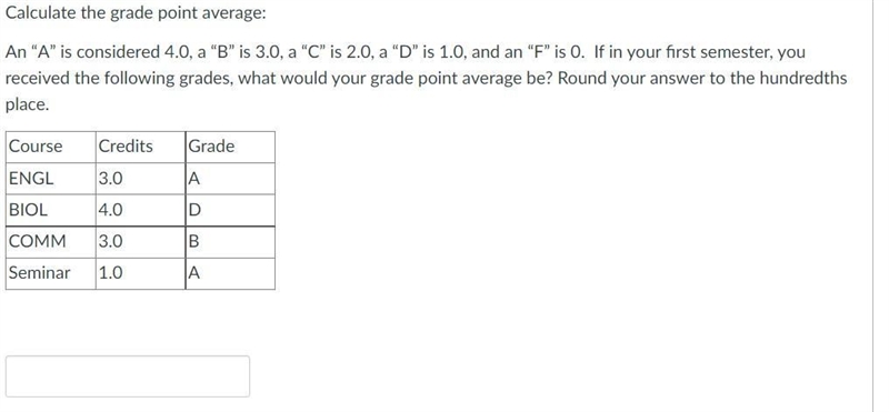 An “A” is considered 4.0, a “B” is 3.0, a “C” is 2.0, a “D” is 1.0, and an “F” is-example-1