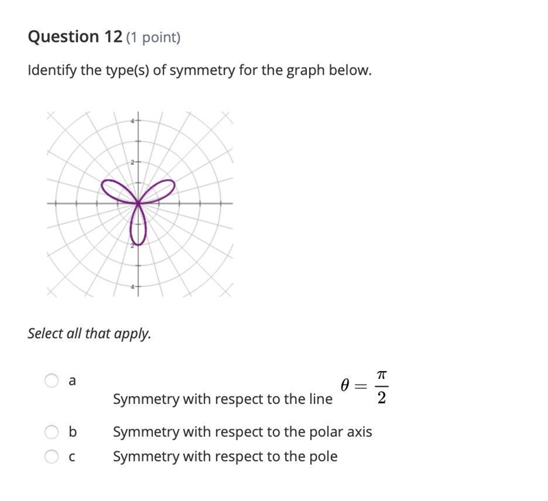 Identify the type(s) of symmetry for the graph below.Select all that apply. aSymmetry-example-1