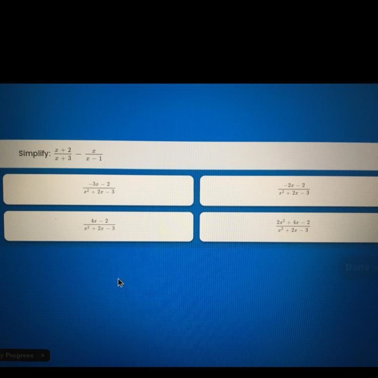 Simplify: x+2/x+3 - x/x-1-example-1