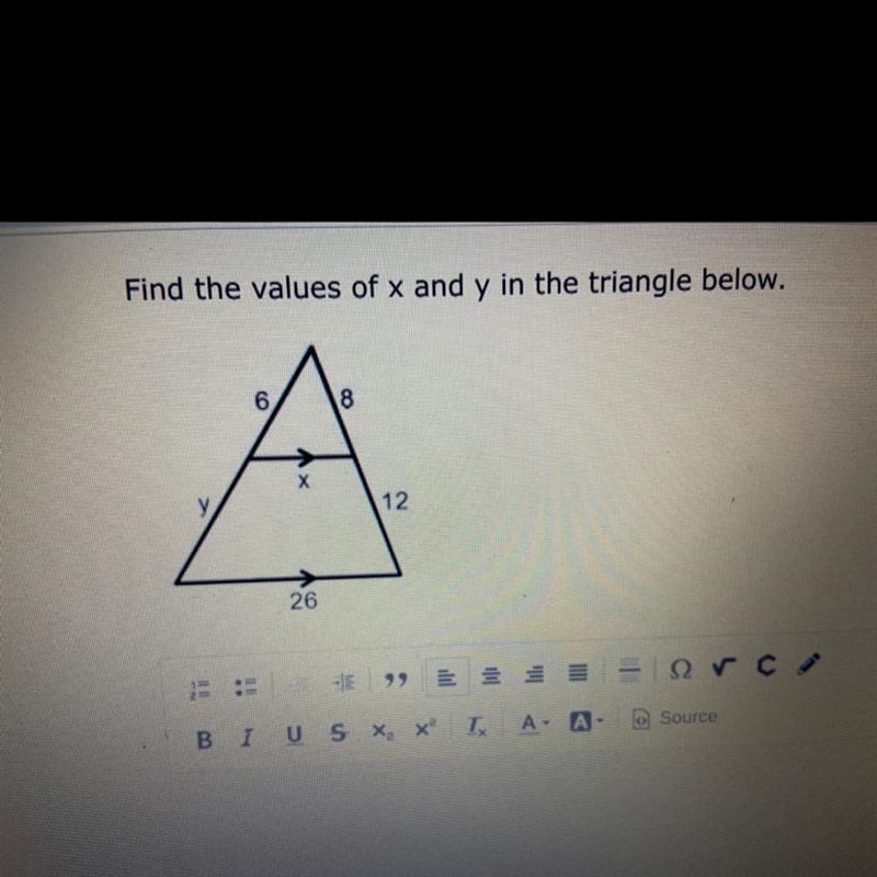 Find the values of x and y in the triangle below. (Please hurry)-example-1